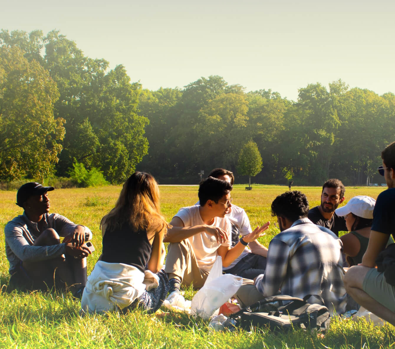 A group in conversation on the grass